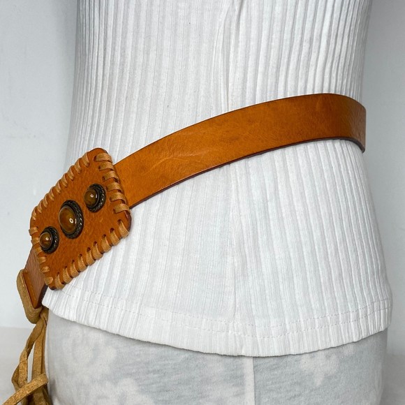 Albatross Italian Leather Belt Womens Size Medium Tan Amber Stones Tassel main image 14